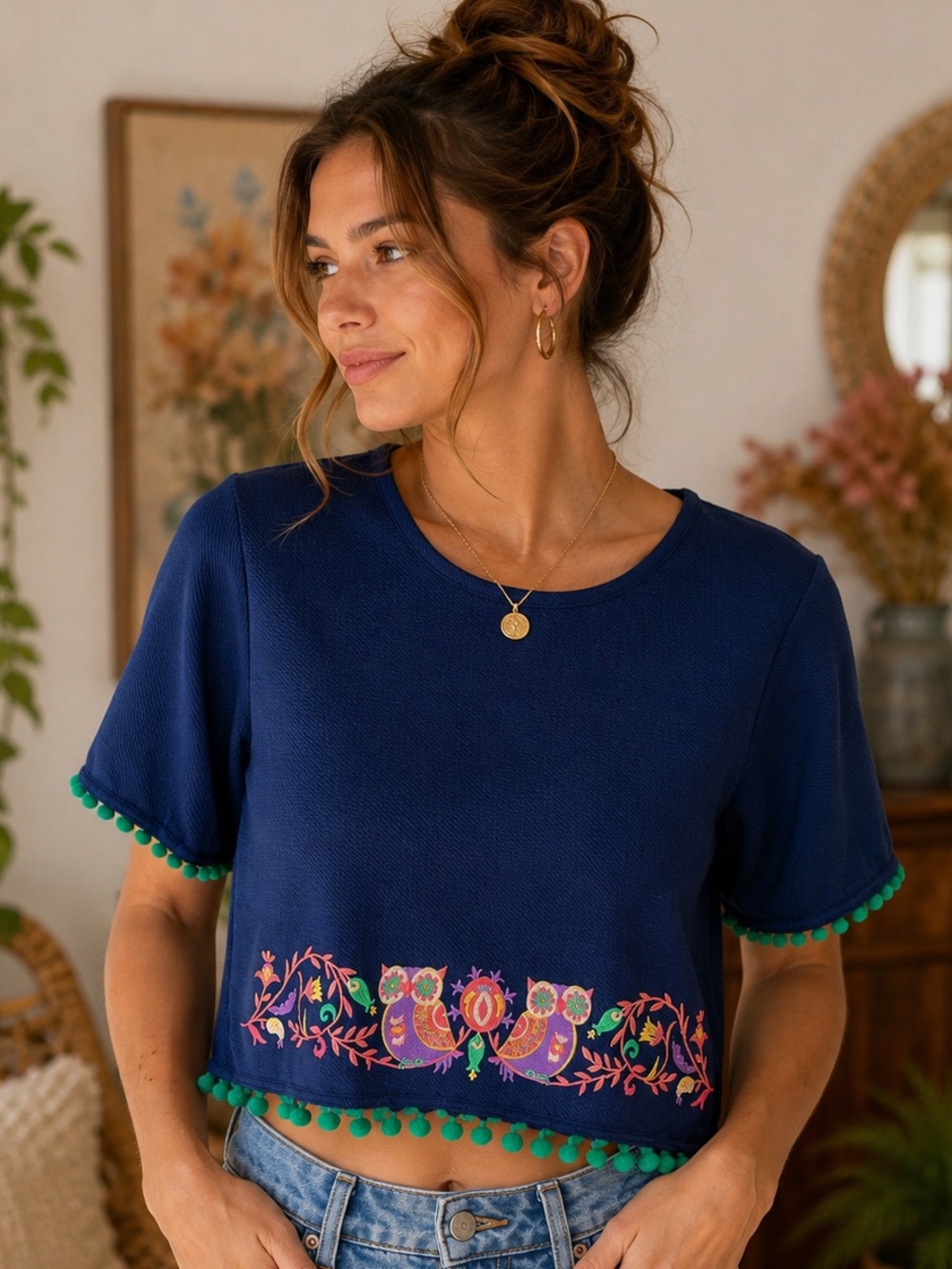 Chumbak Owl Embroidered Crop Top – Whimsical Folk Boho, Indie Sleaze, Festival